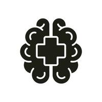 Psychology Care Sign. Emotional Support. Human Brain with Cross Shape, Medical Aid for Human with Psychological Disorder Glyph Pictogram. Mental Health Silhouette Icon. Isolated Vector Illustration.