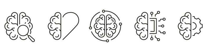 Tech Science, Brainstorm, Knowledge Black Line Icon Set. Human Brain and AI Pictogram Collection. Artificial Intelligence Symbol on White Background. Editable Stroke. Isolated Vector Illustration