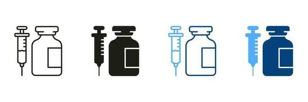 inyección tratamiento, gripe vacunación negro y color símbolo recopilación. médico vaso botella y jeringuilla línea y silueta icono colocar. insulina dosis en frasco pictograma. aislado vector ilustración.