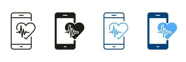 Healthcare Technology Black and Color Symbol Collection. Heartbeat Rate in Smart Phone Line and Silhouette Icon Set. Mobile App for Sport. Heart Pulse Control. Isolated Vector Illustration.