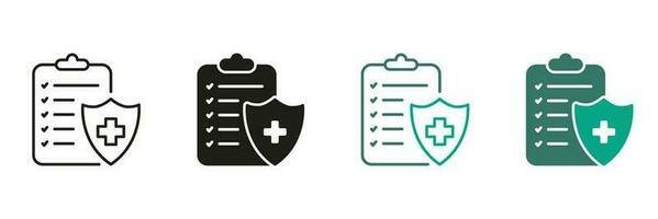 Patient Diagnosis Report Pictogram. Medical Record Line and Silhouette Icon Set. Health Information on Clipboard, Diagnostic Document Black and Color Symbol Collection. Isolated Vector Illustration.