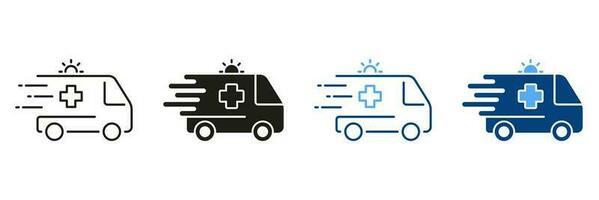 Ambulance Line and Silhouette Icon Set. Urgent Medical Help. Emergency Car for Patients Black and Color Pictogram. Paramedic's Transport for First Aid Symbol Collection. Isolated Vector Illustration.