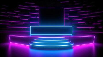 3D abstract background. Neon glowing podium. Empty scene for product presentation. photo