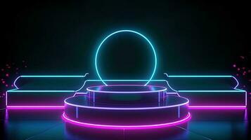 3D abstract background. Neon glowing podium. Empty scene for product presentation. photo