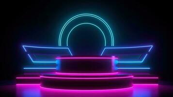 3D abstract background. Neon glowing podium. Empty scene for product presentation. photo