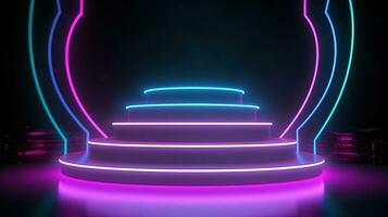 3D abstract background. Neon glowing podium. Empty scene for product presentation. photo