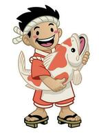 Cartoon Japan Fisherman Hugging the Big Koi Fish vector