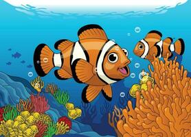 Cute cartoon Clown Fish in the Coral reef vector