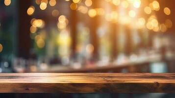 Empty wooden table in front of abstract bokeh light background. photo
