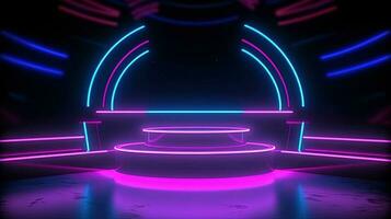 3D abstract background. Neon glowing podium. Empty scene for product presentation. photo