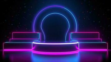 3D abstract background. Neon glowing podium. Empty scene for product presentation. photo