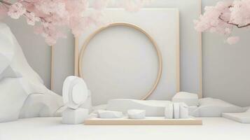 3d render, abstract minimal scene with white podium and cherry blossom flowers photo