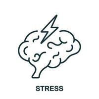 Stress, Mental Ill Concept Line Icon. Depression, Migraine Linear Pictogram. Distress Outline Sign. Human Brain with Lightning Headache Symbol. Editable Stroke. Isolated Vector Illustration.