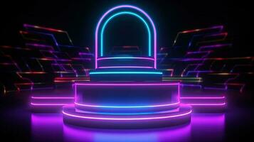 3D abstract background. Neon glowing podium. Empty scene for product presentation. photo