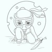 a Chibi man in a ninja spy costume sits next to a sword contour vector illustration in the style of a doodle