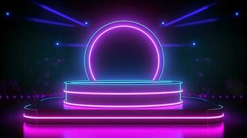 3D abstract background. Neon glowing podium. Empty scene for product presentation. photo