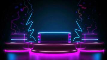 3D abstract background. Neon glowing podium. Empty scene for product presentation. photo