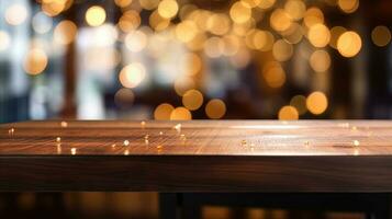 Empty wooden table in front of abstract bokeh light background. photo