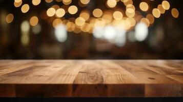 Empty wooden table in front of abstract bokeh light background. photo