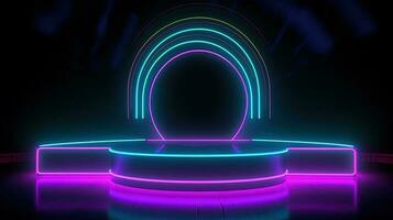 3D abstract background. Neon glowing podium. Empty scene for product presentation. photo