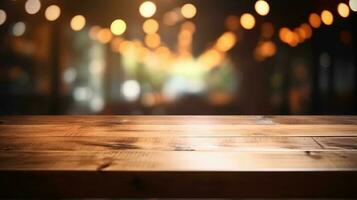 Empty wooden table in front of abstract bokeh light background. photo
