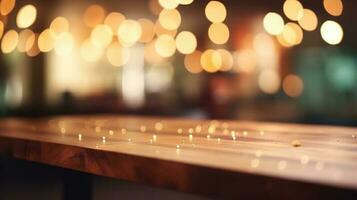 Empty wooden table in front of abstract bokeh light background. photo