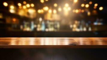 Empty wooden table in front of abstract bokeh light background. photo