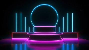 3D abstract background. Neon glowing podium. Empty scene for product presentation. photo