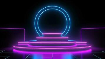 3D abstract background. Neon glowing podium. Empty scene for product presentation. photo