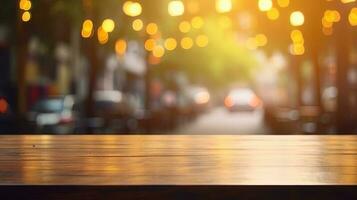 Empty wooden table in front of abstract bokeh light background. photo