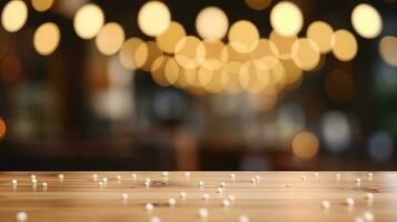 Empty wooden table in front of abstract bokeh light background. photo