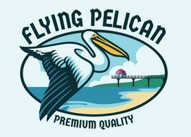 Flying Pelican with beach background vector
