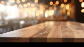 Empty wooden table in front of abstract bokeh light background. photo