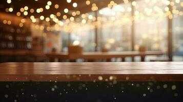 Empty wooden table in front of abstract bokeh light background. photo