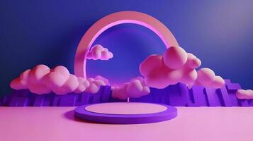 Purple podium in the blue sky with clouds. 3D rendering photo