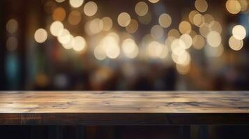 Empty wooden table in front of abstract bokeh light background. photo