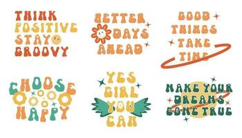 Think positive happy girl you can groovy trippy rave print. Better days ahead and choose smiley cute quote with daisy chamomile and star vintage funky lettering set. Trent phrase with wings and planet vector