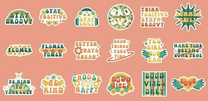 Isolated groovy trippy rave planner sticker set with white offset for print. Daisy camomile flower sublimation slogan vintage typography collection. 90s vibe funky positive retro quote vector. vector