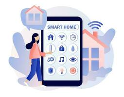 Smart home concept. Tiny woman control of lighting, heating, ventilation and air conditioning, security and video surveillance with smartphone app. Modern flat cartoon style. Vector illustration