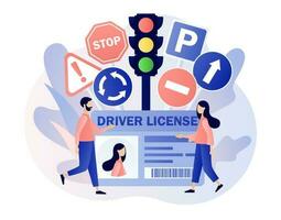 Driver license. Traffic rules. Road signs. Education and drive lesson. Tiny people studying in driving school and passing exams. Modern flat cartoon style. Vector illustration on white background