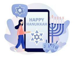 Happy Hanukkah - text on smartphone screen. Traditional jewish holiday with tiny people and symbols - menorah candles, dreidels spinning top, star David. Modern flat cartoon style. Vector illustration
