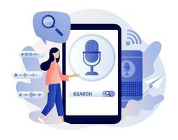 Voice assistant concept. Tiny woman use voice controlled, search, activated digital assistants, voice identification in smartphone app. Modern flat cartoon style. Vector illustration