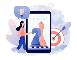 Business strategy. Chess game. Chess pieces on smartphone screen. Tiny woman work to data analysis, strategy planning and successful business. Modern flat cartoon style. Vector illustration