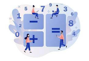 Calculator concept. Accounting, financial analytics, bookkeeping, budget calculation, audit debit and credit calculations. Tiny people with calculating. Modern flat cartoon style. Vector illustration