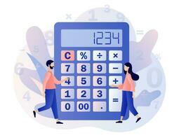 Calculator concept. Tiny people with calculating. Accounting, financial analytics, bookkeeping, budget calculation, audit debit and credit calculations. Modern flat cartoon style. Vector illustration