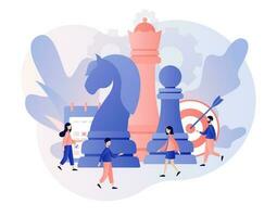 Business strategy. Chess game. Big chess pieces and tiny people work to data analysis, strategy planning and successful business. Modern flat cartoon style. Vector illustration on white background