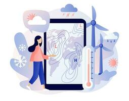 mundo meteorológico día. meteorología ciencia. minúsculo mujer meteorólogo estudiando y investigando clima y clima condición con teléfono inteligente aplicación moderno plano dibujos animados estilo. vector ilustración