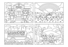 Set of Coloring Pages with School and Picnic Theme vector