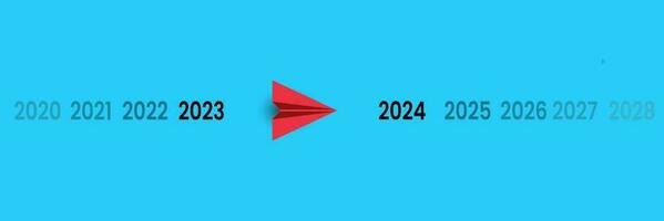 Red airplane flying from Year 2023 to Year 2024. Happy New Year 2024 text design. For brochure, template, card, banner. vector illustration. new year idea concept.
