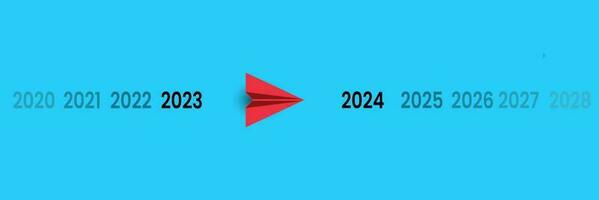 Red airplane flying from Year 2023 to Year 2024. Happy New Year 2024 text design. For brochure, template, card, banner. vector illustration. new year idea concept.